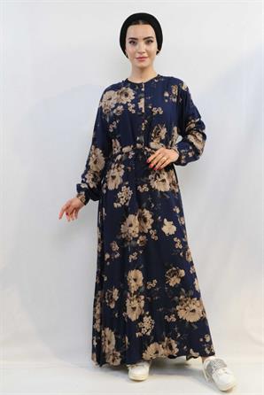 Moda Çizgi Gül Desenli Elbise MC4101 Lacivert