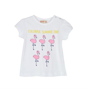 Silversunkids | Kız Bebek Beyaz Renkli Baskılı Omuzdan Düğmeli Kısa Kollu   Tişört | BK 115897