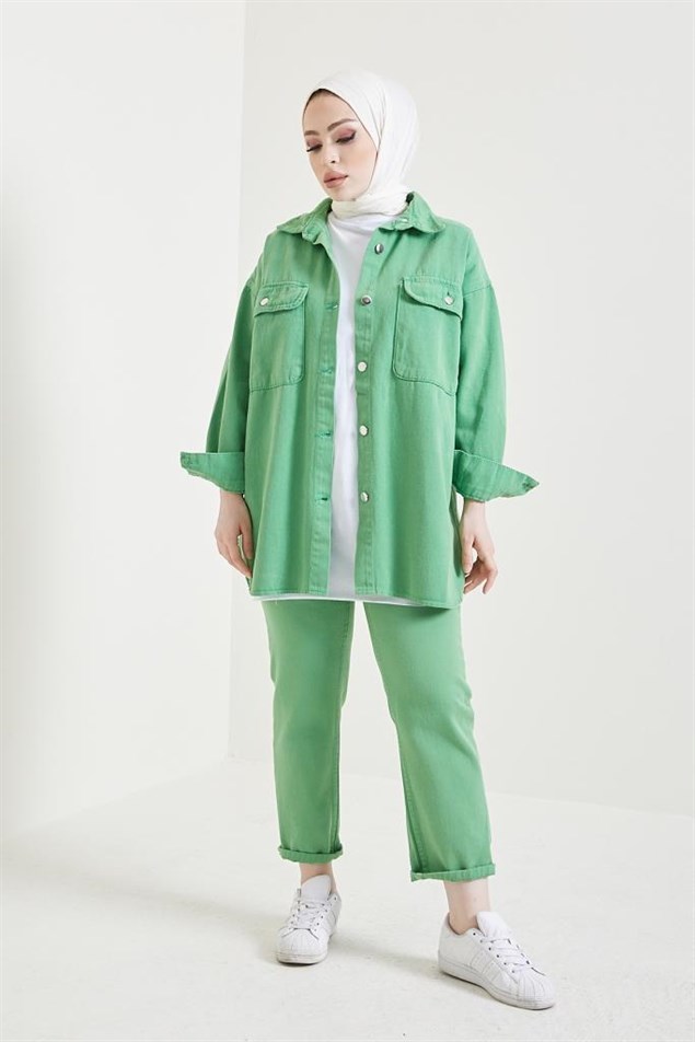 8175 Ceket Pantolon Tesettür İkili Kot Takım Yeşil