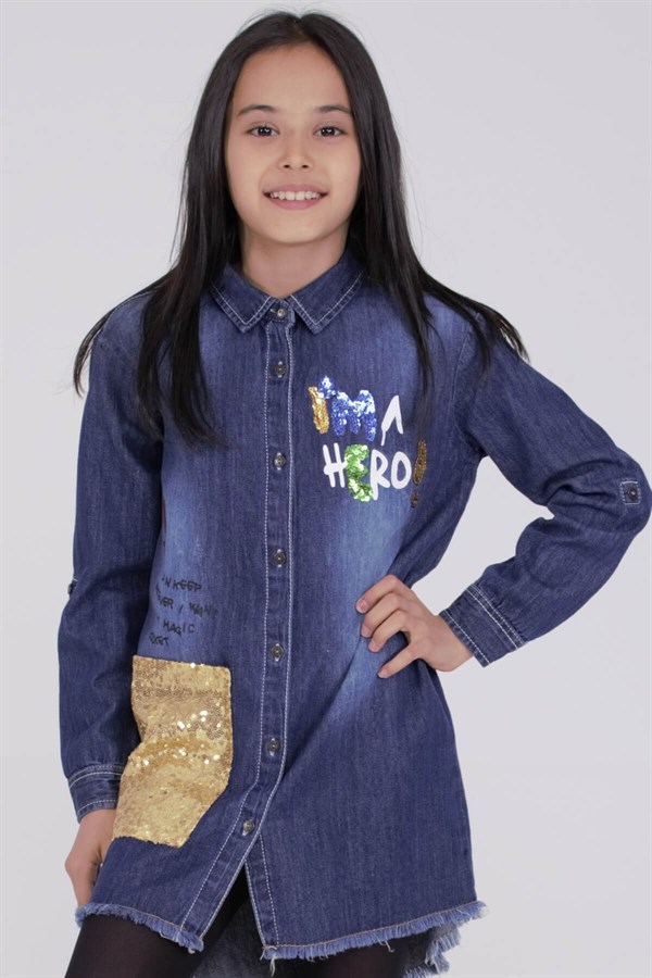 Açık Denim Renkli Baskılı Payetli Etek Ucu Püsküllü Kız Çocuk Gömlek|GC 312821