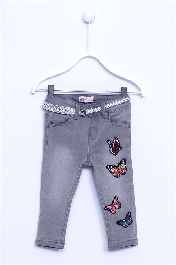 Açık Denim Renkli Kelebek Nakışlı Kemerli Bebek Kız Kot Pantolon |PC 110396