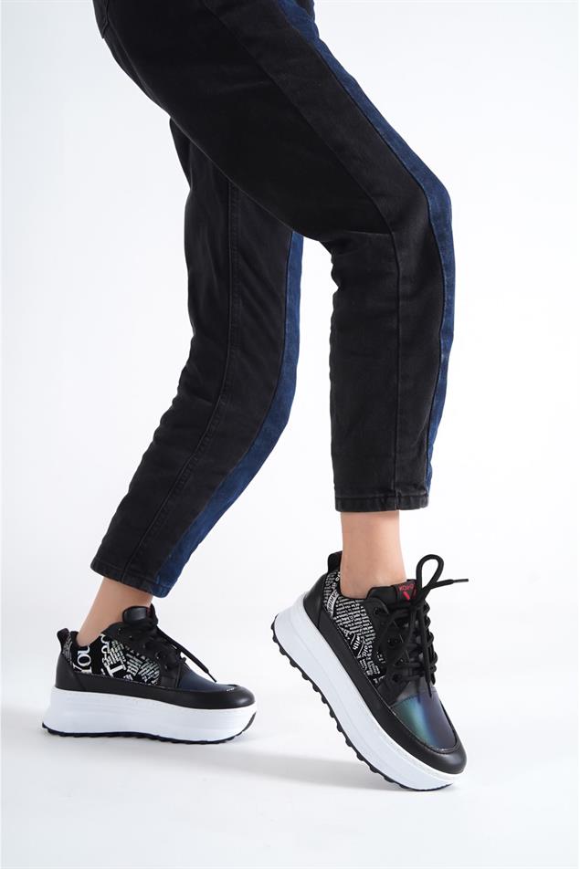 Andiyo Lüks Yazılı siyah-beyaz  Bayan Spor Ayakkabı