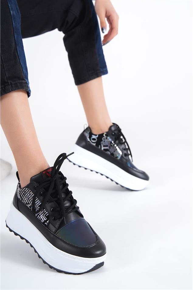 Andiyo Lüks Yazılı siyah-beyaz  Bayan Spor Ayakkabı