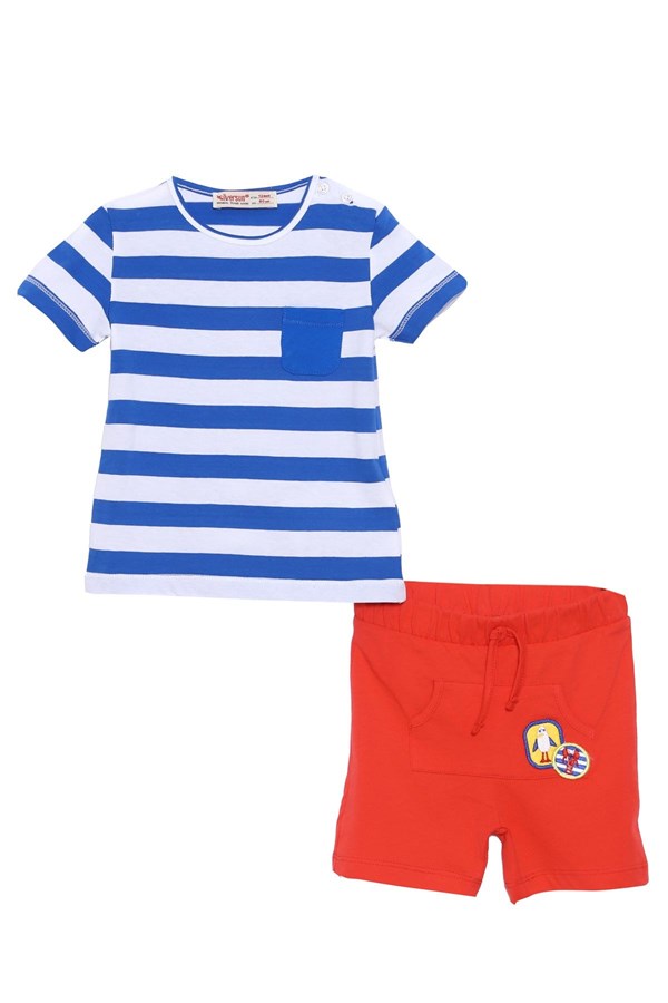 Bebek Erkek Saks Renkli Cep Detaylı Omuzdan Düğmeli Çizgili Tişört ve Şort Takım | KT 118043