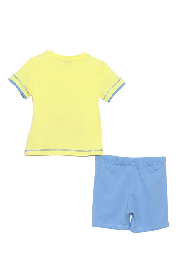 Bebek Erkek Sarı Renkli Baskılı Omuzdan Düğmeli Tişört ve Şort Takım | KT 118039