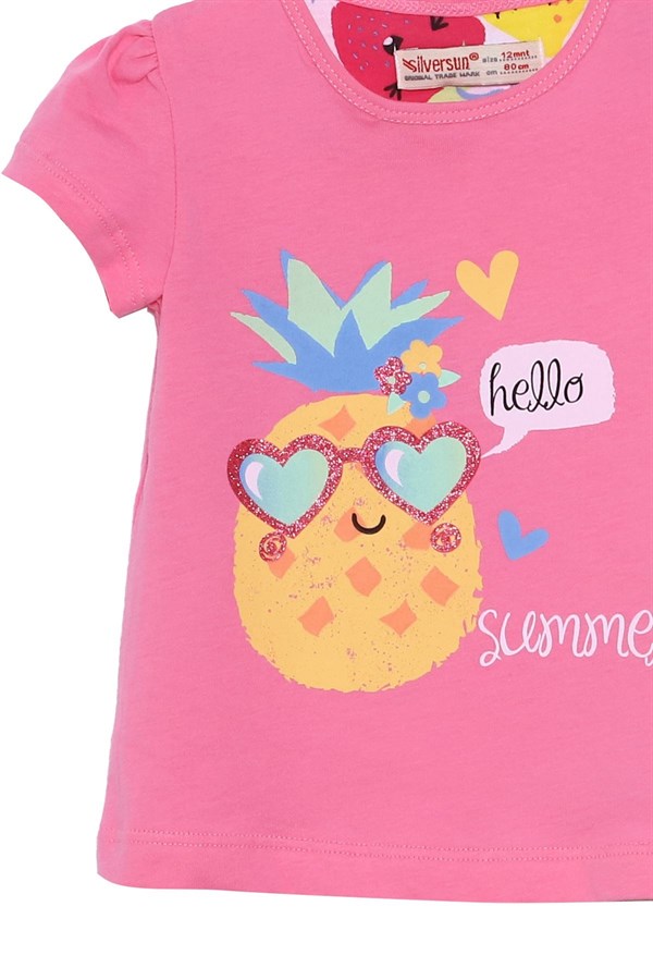 Bebek Kız Pembe Renkli Baskılı Omuzdan Düğmeli Tişört ve Meyve Desenli Şort Takım | KT 118049