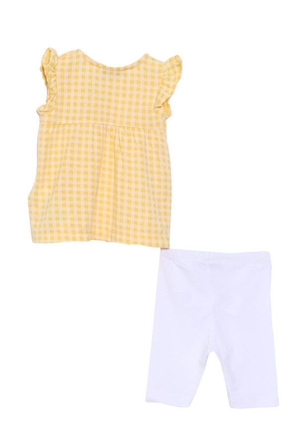 Bebek Kız Sarı Renkli Pötikareli Kolları Fırfırlı Tişört ve Tayt Takım | KT 118050