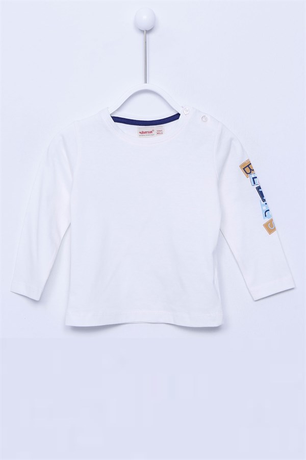 Beyaz Renkli Uzun Kollu T-Shirt Örme Uzun Kollu Kolu Baskılı Yaka Düğmeli Tişört Bebek Erkek |BK-113044
