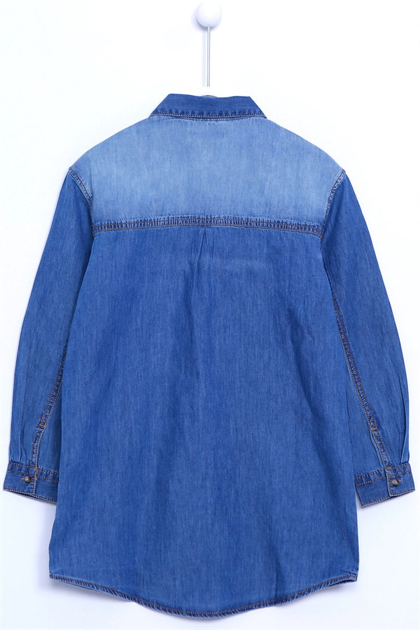 Denim Renkli Kot Gömlek Denim Uzun Kollu Armalı Tunik Gömlek Kız Çocuk |GC 310309