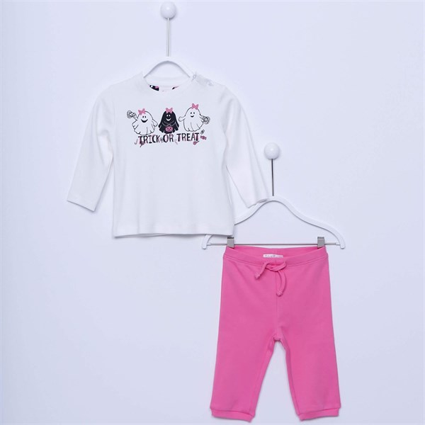 Ekru Renkli Baskılı Tişört ile Beli ve Paçaları Lastikli Bebek Kız Pijama Takım|PJM 112938