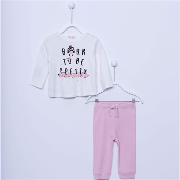 Ekru Renkli Baskılı Tişört ile Beli ve Paçaları Lastikli Bebek Kız Pijama Takım|PJM 112941