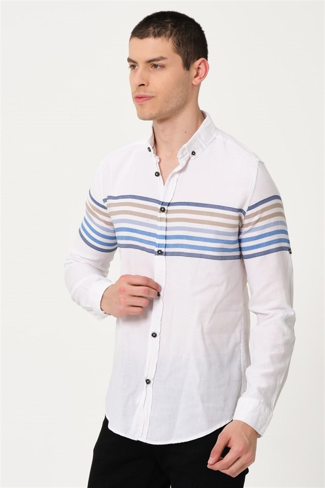 Erkek Beyaz Çizgili Comfort Fit Düğmeli Yaka Uzun Kollu Casual Gömlek - EGB PASEO | Silversun