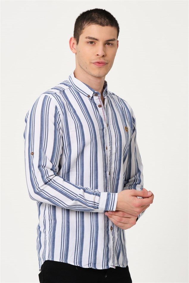 Erkek Beyaz Comfort Fit Düğmeli Yaka %100 Pamuk Mavi Çizgili Casual Gömlek - EGB MARERO | Silversun
