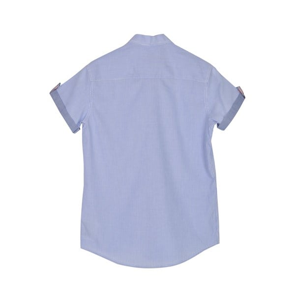Erkek Genç Mavi Çizgili Renkli Kolları Düğme Detaylı Kısa Kollu Dokuma Gömlek | GC 315282