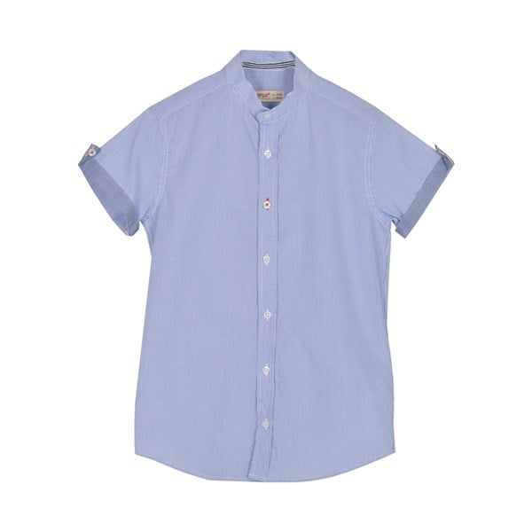 Erkek Genç Mavi Çizgili Renkli Kolları Düğme Detaylı Kısa Kollu Dokuma Gömlek | GC 315282