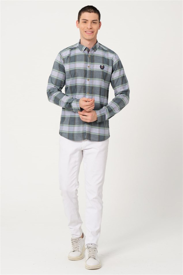 Erkek Haki Comfort Fit Düğmeli Yaka Uzun Kollu Casual Gömlek - EGB SARABİA | Silversun