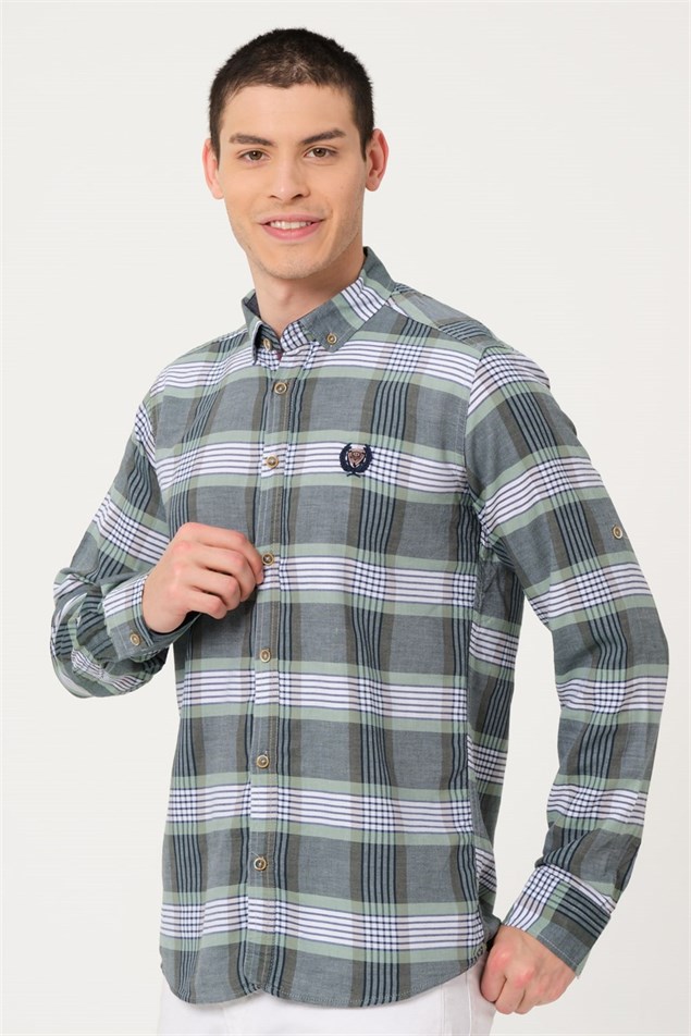 Erkek Haki Comfort Fit Düğmeli Yaka Uzun Kollu Casual Gömlek - EGB SARABİA | Silversun