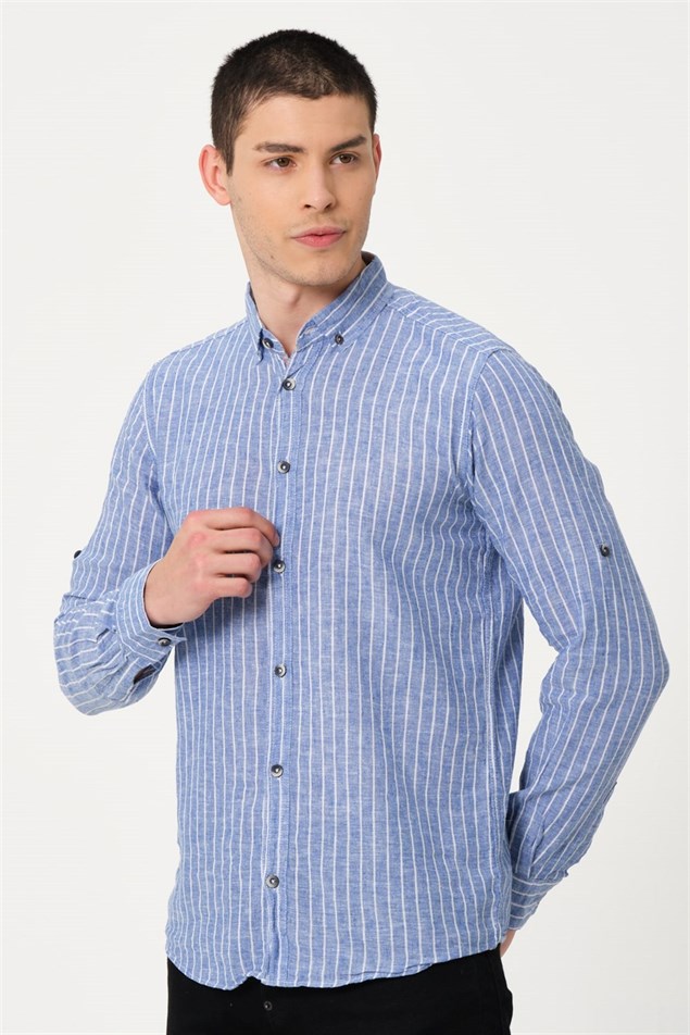 Erkek Koyu Mavi Comfort Fit Düğmeli Yaka Uzun Kollu Casual Gömlek - EGB NOVA | Silversun