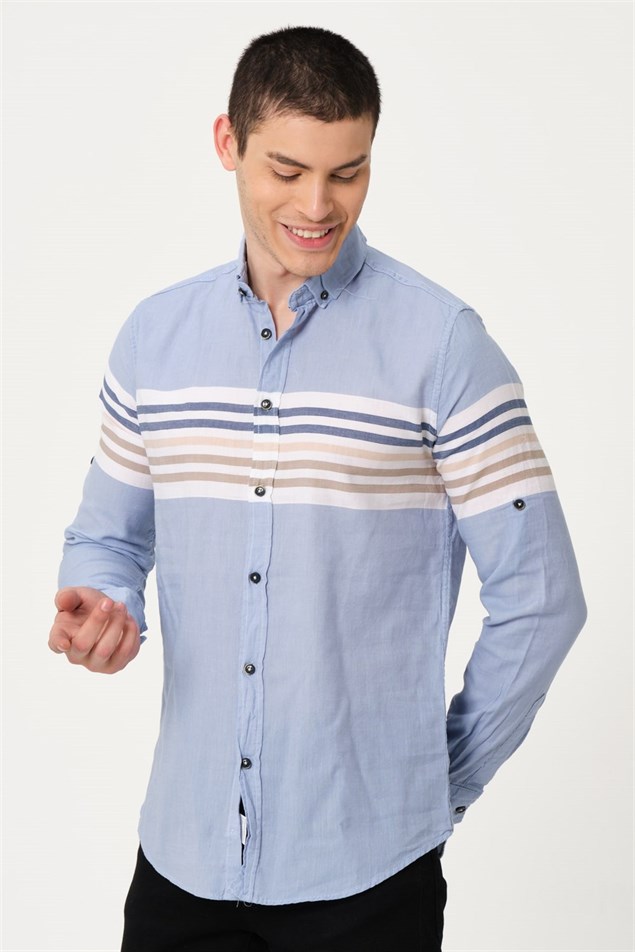 Erkek Mavi Çizgili Comfort Fit Düğmeli Yaka Uzun Kollu Casual Gömlek - EGB PASEO | Silversun