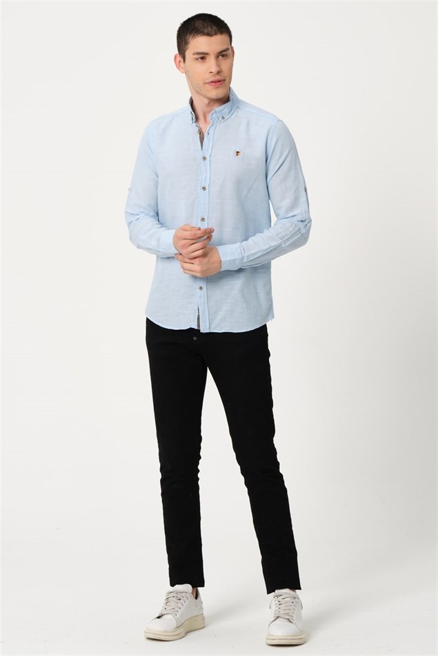 Erkek Mavi Comfort Fit Düğmeli Yaka %100 Pamuk Flamlı Casual Gömlek - EGB ETRAN | Silversun