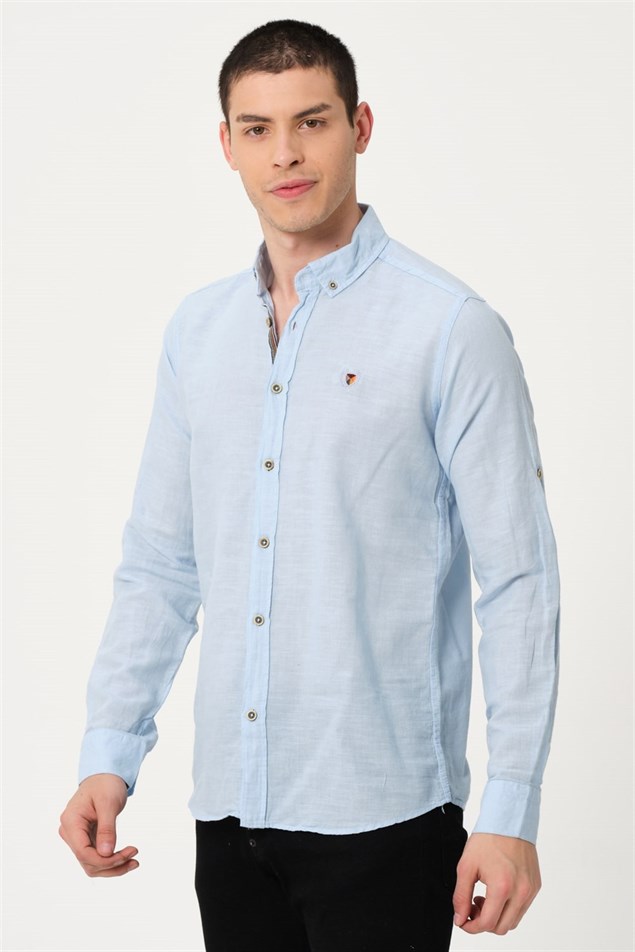 Erkek Mavi Comfort Fit Düğmeli Yaka %100 Pamuk Flamlı Casual Gömlek - EGB ETRAN | Silversun