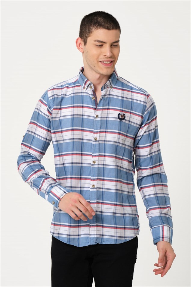 Erkek Mavi Comfort Fit Düğmeli Yaka Uzun Kollu Casual Gömlek - EGB SARABİA | Silversun