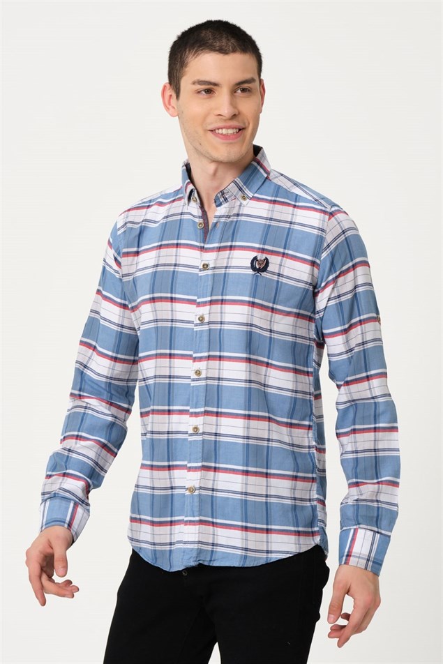Erkek Mavi Comfort Fit Düğmeli Yaka Uzun Kollu Casual Gömlek - EGB SARABİA | Silversun