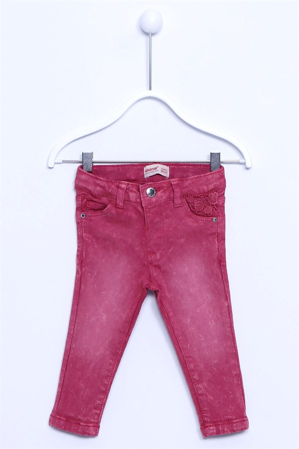 Fuşya Renkli Cepleri Nakış Detaylı Yıkamalı Bebek Kız Pantolon |PC 110117