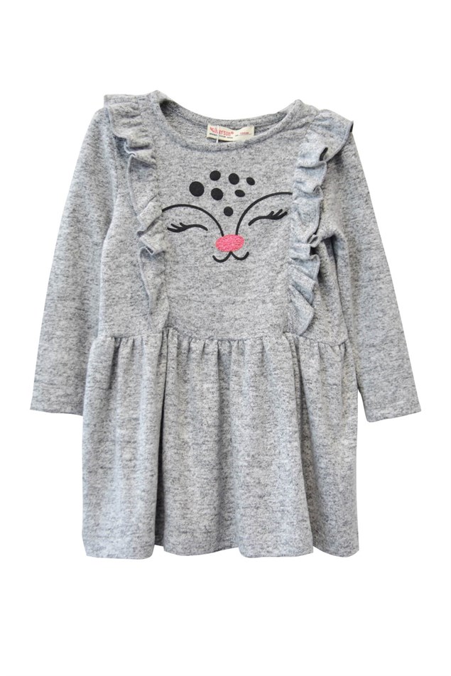 Gri Melanj Renkli Baskılı Fırfırlı Kız Çocuk Örme Elbise-EK 218541 |Silversunkids