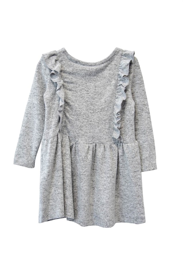Gri Melanj Renkli Baskılı Fırfırlı Kız Çocuk Örme Elbise-EK 218541 |Silversunkids