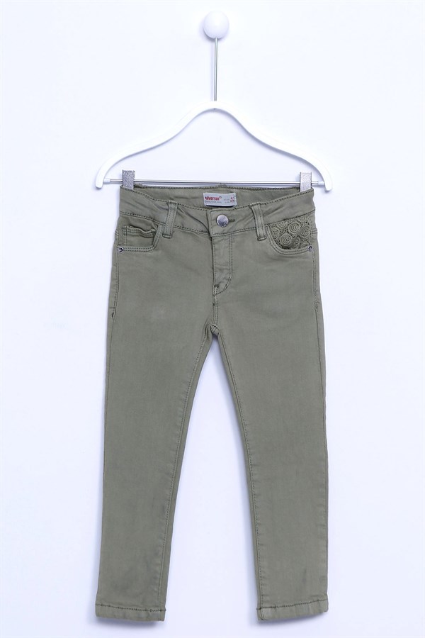 Haki Renkli Kot Pantolon Denim 5 Cepli Cepleri Nakış Detaylı Kot Pantolon Kız Çocuk |PC 210117
