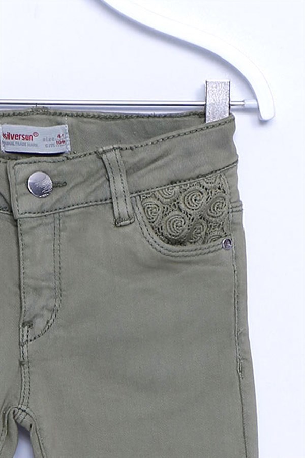 Haki Renkli Kot Pantolon Denim 5 Cepli Cepleri Nakış Detaylı Kot Pantolon Kız Çocuk |PC 210117