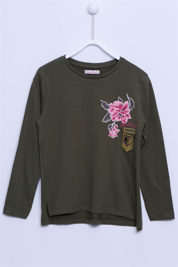 Haki Renkli Uzun Kollu T-Shirt Örme Uzun Kollu Baskılı Armalı Tişört Kız Çocuk |BK-312730