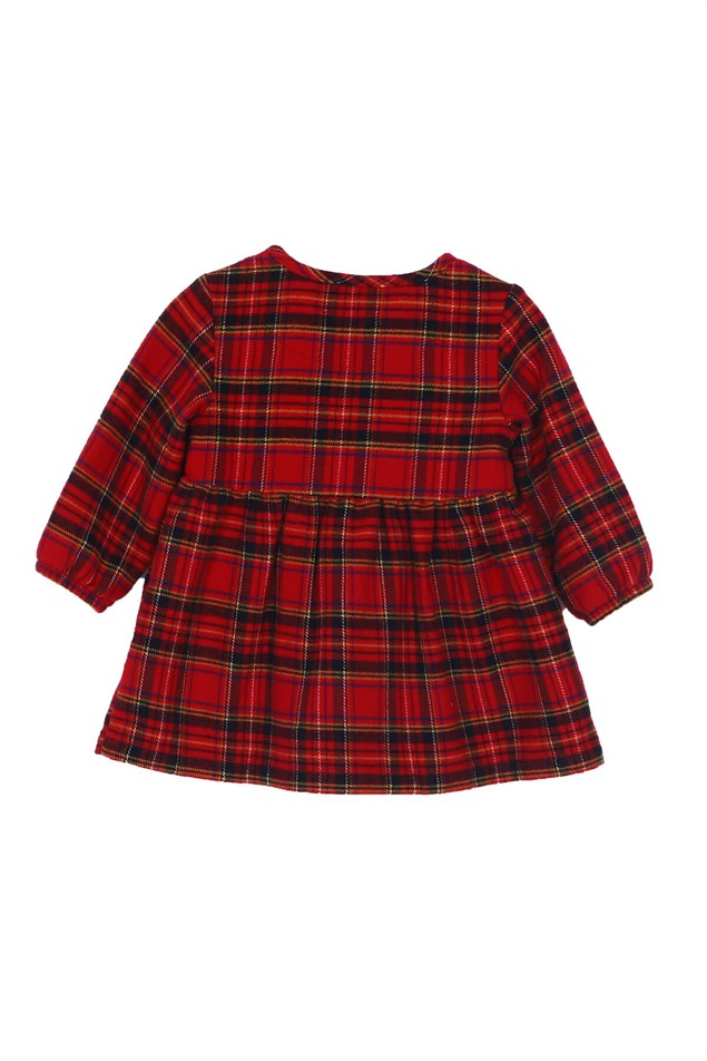 Kırmızı Renkli Kareli Cep Detaylı Kolları Lastikli Bebek Kız Dokuma Elbise-EK 117208 |Silversunkids