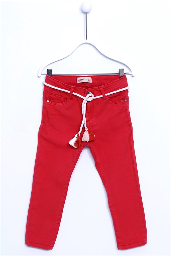 Kırmızı Renkli Pantolon Kemer Takım Dokuma 5 Cepli Püskül Detay Kemerli Pantolon Kız Çocuk |PC 210437