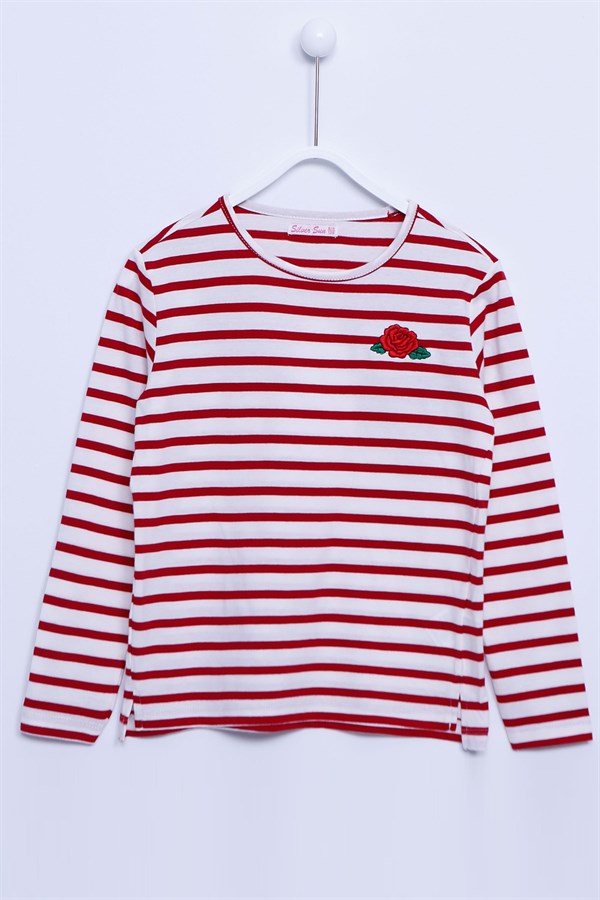 Kırmızı Renkli Uzun Kollu T-Shirt Örme Uzun Kollu Bakışlı Çizgili Tişört Kız Çocuk |BK-312841