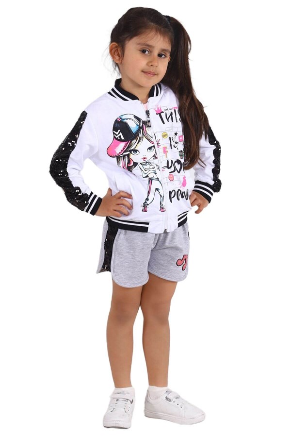 Kız Çocuk Beyaz Renkli Baskılı Kolları Payetli Cepli Sweatshirt | JM 215335