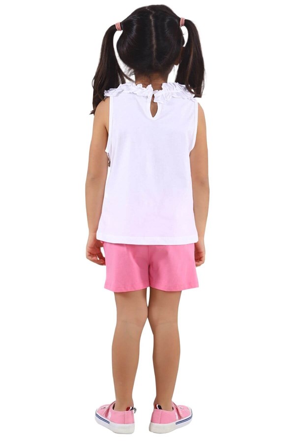 Kız Çocuk Beyaz Renkli Baskılı Kolları Ve Boynu Fırfırlı Tişört ve Şort Takım | KT 218172
