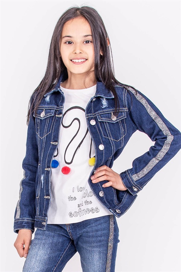 Kız Çocuk Koyu Mavi Renkli Kolları Şeritli Düğmeli Kot Ceket|MC 315083