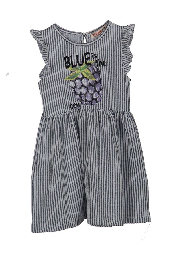 Kız Çocuk Lacivert Çizgili Baskılı Kolları Fırfırlı Örme Elbise - EK 218436