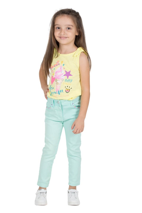 Kız Çocuk Mint Renkli Cepleri Kalp İşlemeli Dokuma Pantolon PC 216042