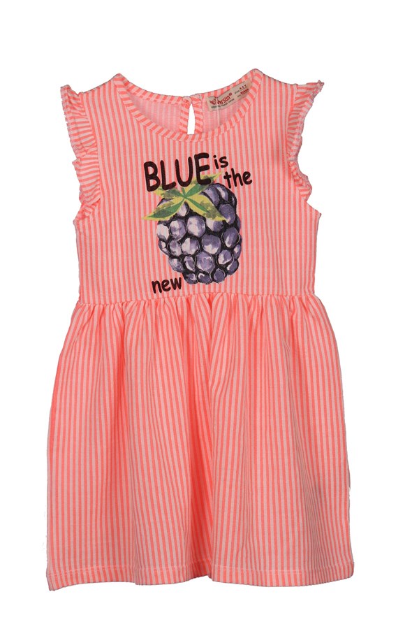 Kız Çocuk Oranj Çizgili Baskılı Kolları Fırfırlı Örme Elbise - EK 218436