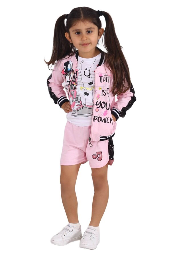 Kız Çocuk Pembe Renkli Baskılı Kolları Payetli Cepli Sweatshirt | JM 215335
