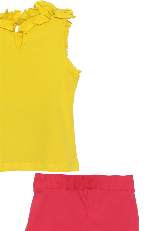 Kız Çocuk Sarı Renkli Baskılı Kolları Ve Boynu Fırfırlı Tişört ve Şort Takım | KT 218172