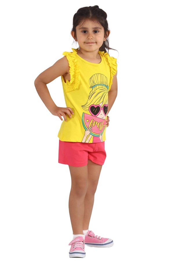 Kız Çocuk Sarı Renkli Baskılı Kolları Ve Boynu Fırfırlı Tişört ve Şort Takım | KT 218172