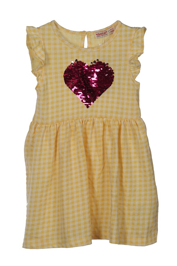 Kız Çocuk Sarı Renkli Ekoseli Pul Payetli Kolları Fırfırlı Örme Elbise - EK 218113