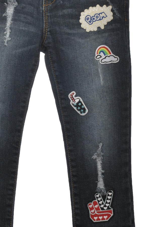 Koyu Denim Renkli Kot Pantolon Denim 5 Cepli Aplik Desen Yıkamalı Kot Pantolon Kız Çocuk |PC 210308
