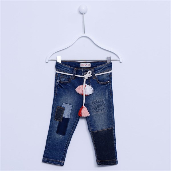 Koyu Denim Renkli Yamalı Kemerli Bebek Kız Kot Pantolon | PC 110431