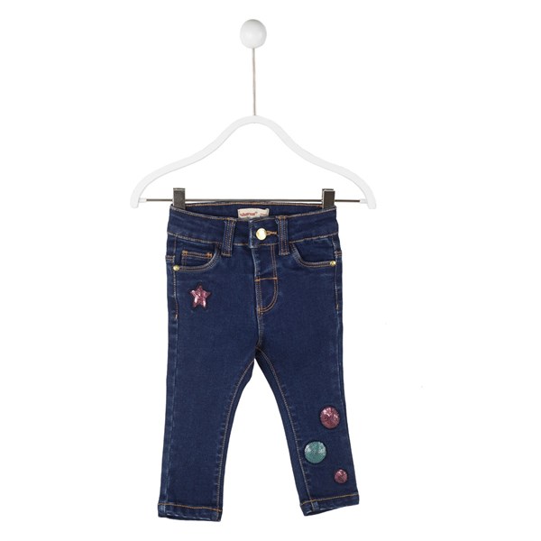 Koyu Mavi Renkli Cepli Pul İşlemeli Bebek Kız Kot Pantolon |PC 114921