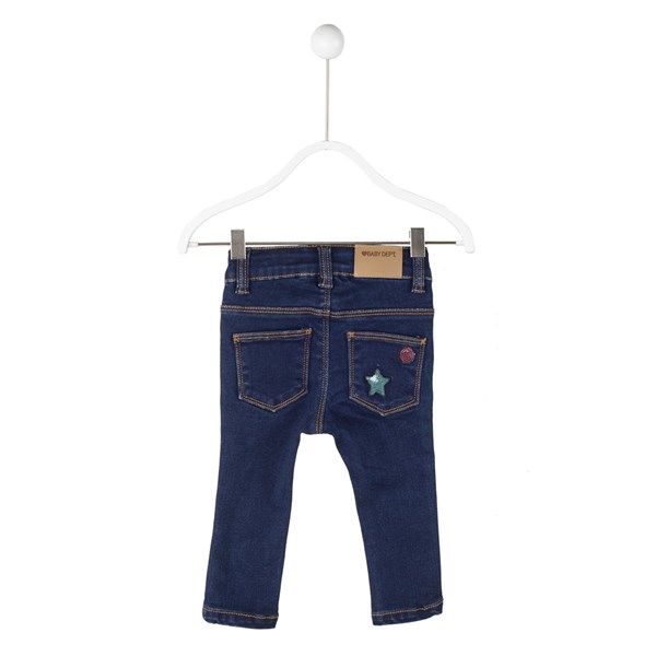 Koyu Mavi Renkli Cepli Pul İşlemeli Bebek Kız Kot Pantolon |PC 114921
